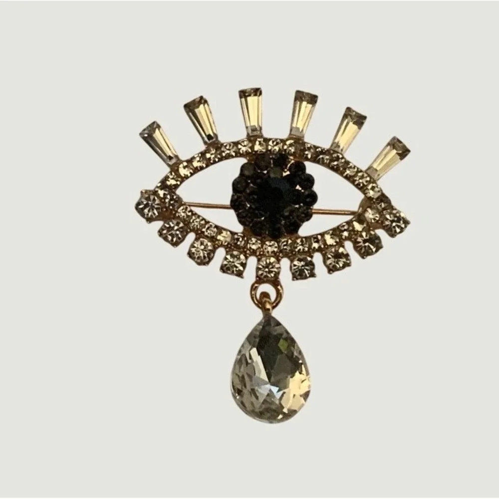 Gold Tone Evil Eye Rhinestone Brooch Pin Crystal Teardrop Charm Baguette Eyelash